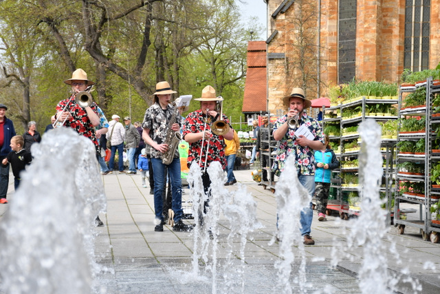 Vier Mitglieder der Band stehen mit ihren Instrumenten an Wasserfontänen. Im Hintergrund sind Gartenmarkt-Besucher sowie mobile Regale zu sehen, die mit Pflanzen zum Verkaufen gefüllt sind.