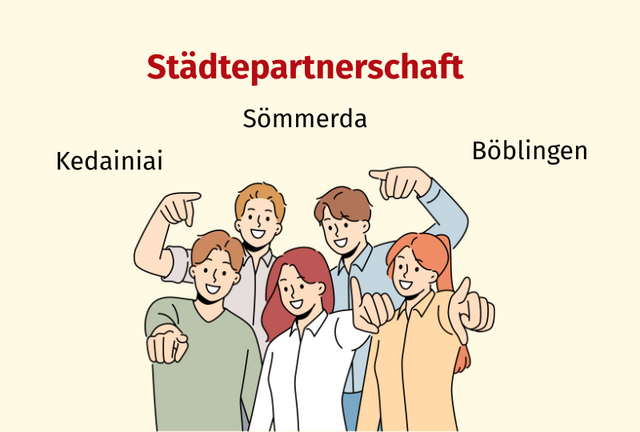 Symbolbild für Städtepartnerschaft. Vor einem hellen Hintergrund steht eine Gruppe von sechs jungen Frauen und Männern. Die Figuren sind in einer Art Comic gezeichnet. Allte sechs tragen unterschiedlich farbige Kleidung und haben unterschiedliche Haarfarben. Am oberen Bildrand steht groß das Wort Städtepartner. Darunter stehen die drei Stadtnamen Sömmerda, Kedainiai und Böblingen.