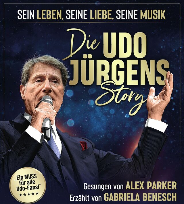 Plakat der Veranstaltung "Die Udo Jürgens Story" am 21.02.25 im Volkshaus Sömmerda. Auf dem Plakat zu sehen ist Alex Parker singend in einem blauen Anzug vor blauem Hintergrund.