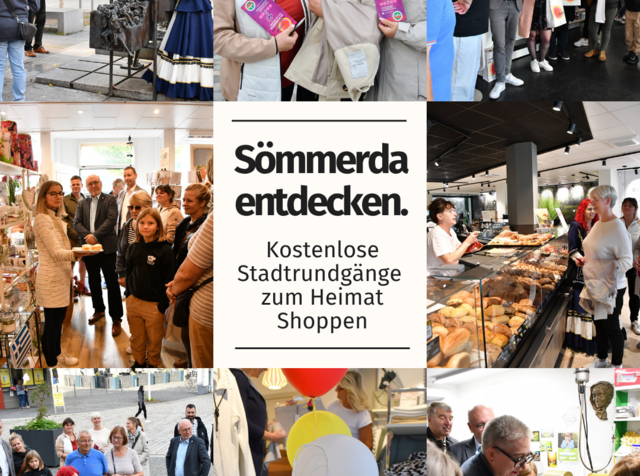 Kostenlose Stadtrundgänge zum Heimat Shoppen Collage mit acht Fotos von früheren Stadtrundgängen zum Heimat Shoppen in Sömmerda. Zu sehen sind Gruppen von Teilnehmenden in der Innenstadt sowie Besuche in verschiedenen Geschäften. In der Bildmitte steht: „Sömmerda entdecken. Kostenlose Stadtrundgänge zum Heimat Shoppen“.