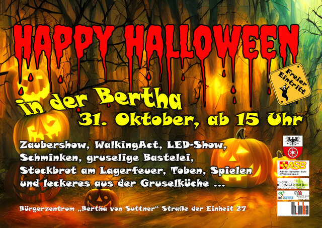 Plakat der Veranstaltung "Happy Halloween" am 31.10.2024 von 15:00 bis 20:00 Uhr im Bürgerzentrum Sömmerda.