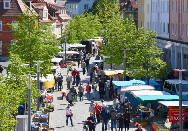 Blick auf eine Wochenmarkt-Situation in der Marktstraße. Die Marktstraße in Sömmerda von oben gesehen an einem Tag mit Wochenmarkt. Links und rechts der Straße, die als Fußgängerzone angelegt ist, stehen verschieden Stände. Dazwischen laufen zahlreiche Menschen. Andere stehen an dem einen und anderen Stand. Jeweils rechts und links der Marktstraße zieht sich außerdem eine grüne Baumreihe hin.