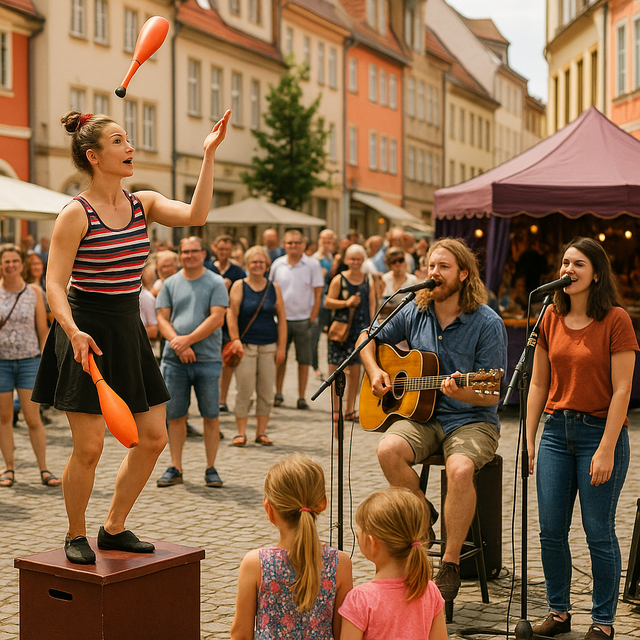 Straßenkünstlerinnen und Musiker beim Stadtfest in Sömmerda Eine junge Frau balanciert auf einem Podest und jongliert inmitten eines Stadtfestes. Neben ihr musizieren ein Gitarrist und eine Sängerin, während Kinder und Erwachsene gespannt zusehen. Im Hintergrund stehen historische Gebäude und ein lilafarbenes Festzelt auf dem gepflasterten Marktplatz.
