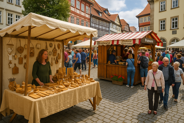 Markt- und Gastrostände beim Stadtjubiläum in Sömmerda Blick auf einen belebten Innenstadtbereich mit Verkaufsständen bei einem Stadtfest. Links bietet eine Frau kunsthandwerkliche Holzarbeiten an, rechts daneben verkauft ein Imbissstand Speisen und Getränke. Zahlreiche Menschen flanieren durch die historische Kulisse bei sonnigem Wetter.