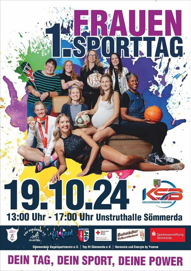 Plakat des ersten Frauensporttags des KSB Sömmerda e.V.  am 19.10.2024 von 13:00 bis 17:00 Uhr in der Unstruthalle Sömmerda. Zu sehen sind neun Frauen, die in die Kamera lächeln. Einige von ihnen haben Sportbälle in der Hand.