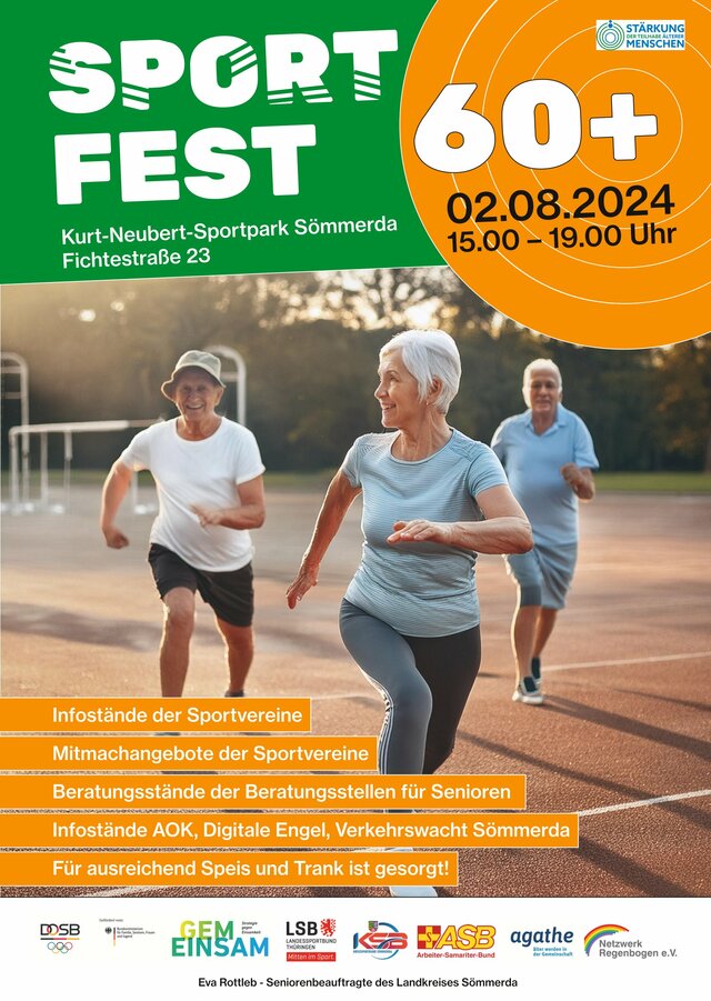 Plakat über das Sportfest für Menschen ab 60 Jahre. Das Bild zeigt rennende Senioren in Sportkleidung.