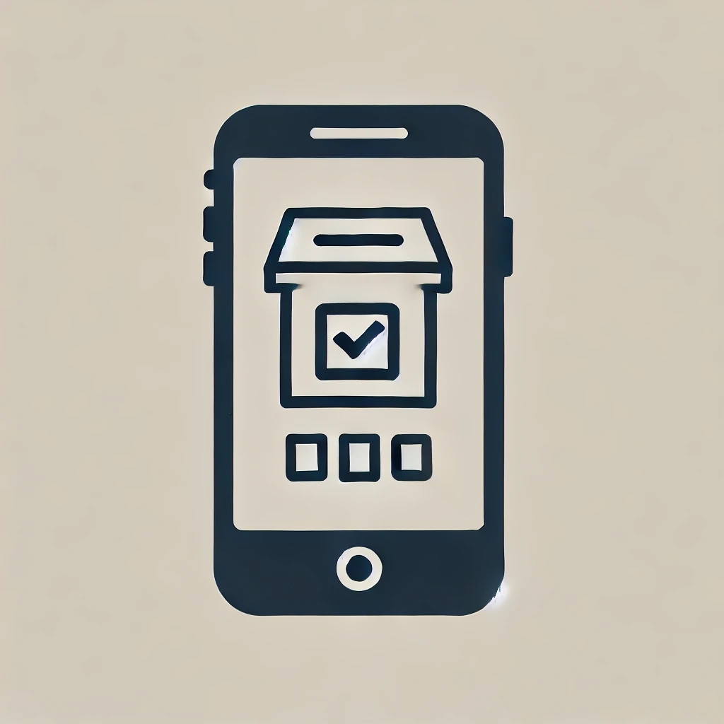 Eine minimalistische Illustration zeigt ein Smartphone mit einem digitalen Abstimmungsbildschirm. Auf dem Display ist eine Checkbox mit einem grünen Häkchen zu sehen, das eine erfolgreiche Stimmabgabe symbolisiert. Der Hintergrund ist neutral und schlicht gehalten, um den Fokus auf die digitale Abstimmung zu lenken.