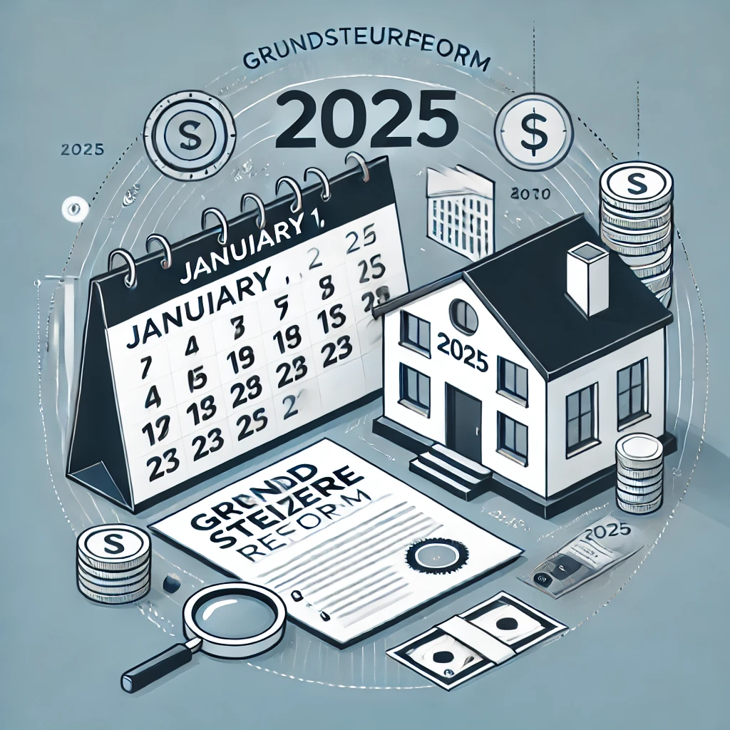 Infografik zur Grundsteuereform 2025: Ein Kalender zeigt den 1. Januar 2025 als Startdatum. Daneben liegt ein Dokument mit der Aufschrift ‚Grundsteuerbescheid‘. Eine Lupe vergrößert ein Haus, um die Steuerbewertung zu symbolisieren. Zudem ist ein Briefumschlag zu sehen, der den Versand der Bescheide darstellt. Die Gestaltung ist in Blau- und Weißtönen gehalten und vermittelt eine professionelle, übersichtliche Darstellung der Informationen.