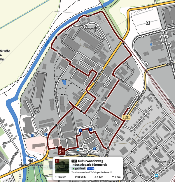 Stadtplan, auf dem der Kulturwanderweg mit 3,6 Kilometer Länger und 50 Minuten Dauer eingezeichnet ist.